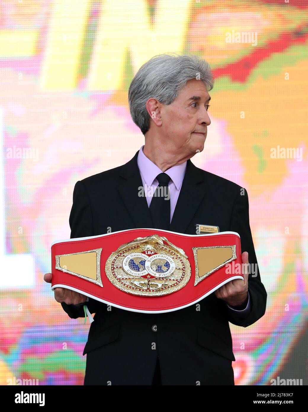 Las Vegas, United States. 06th May, 2022. LAS VEGAS, NV - MAY 6: An official holds the IBF NABF Welterweight Championship belt up for grabs during the bout between boxers Shakhram Giyasov and Christian Gomez at the T-Mobile Arena on May 7, 2022 in Las Vegas, Nevada.(Photo by Alejandro Salazar/PxImages) Credit: Px Images/Alamy Live News Stock Photo