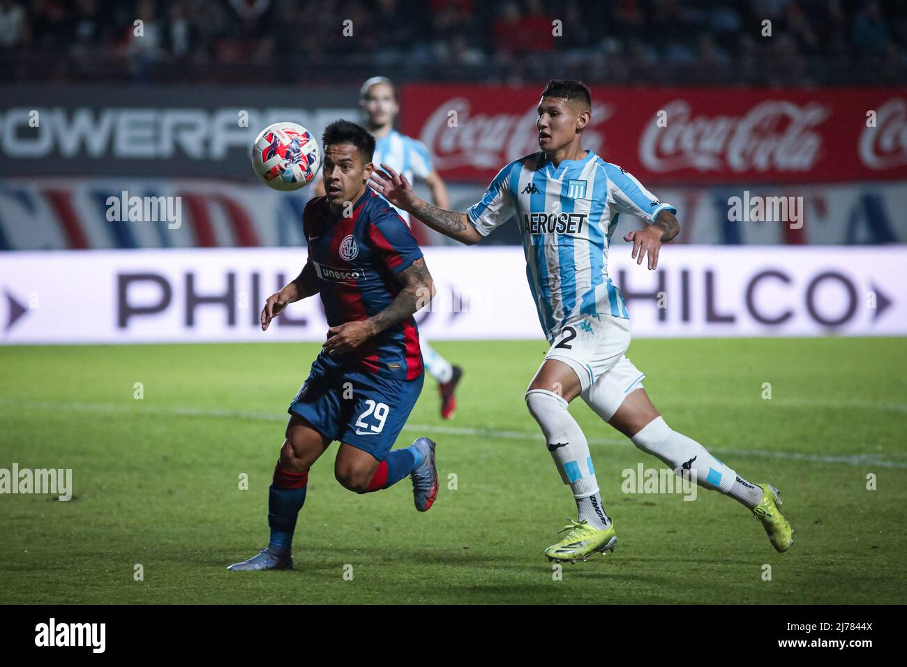 Nicolas Fernandez (L) and Juan Jose Caceres (R) seen in action during a  match between San Lorenzo (ARG) vs Racing Club (ARG) as part of Fecha 14 -  Liga Profesional de Futbol