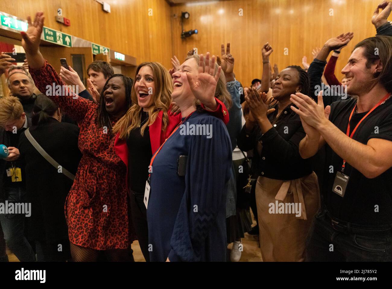 Wandsworth, Southwest London, UK. 6th May 2022. Labour councillors and activists including Dr Rosena Allin-Khan MP, celebrate as Labour candidate Simon Hogg wins the Wandsworth Council seat ahead of Ravi Govindia, Conservative Council, the first time Wandsworth Council has been held by Labour in 40 years. Credit: Jeff Gilbert/Alamy Live News Stock Photo