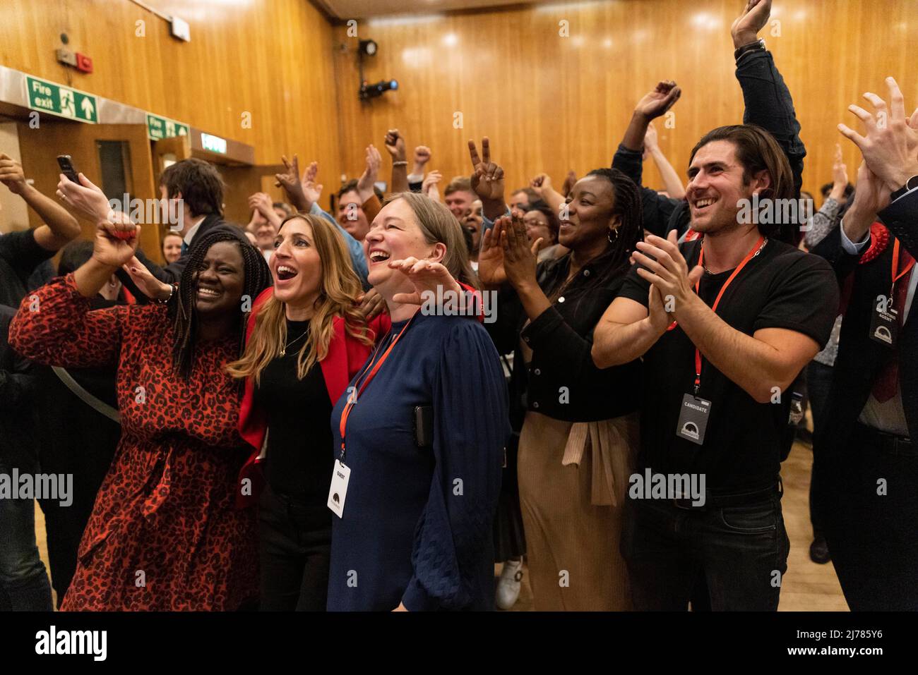 Wandsworth, Southwest London, UK. 6th May 2022. Labour councillors and activists including Dr Rosena Allin-Khan MP, celebrate as Labour candidate Simon Hogg wins the Wandsworth Council seat ahead of Ravi Govindia, Conservative Council, the first time Wandsworth Council has been held by Labour in 40 years. Credit: Jeff Gilbert/Alamy Live News Stock Photo