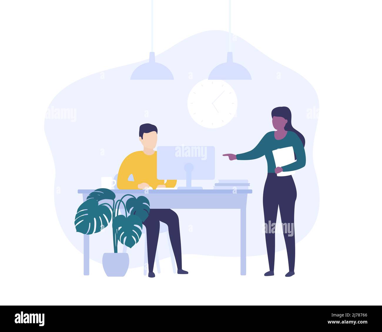 supervisor and employe working at computer, vector Stock Vector