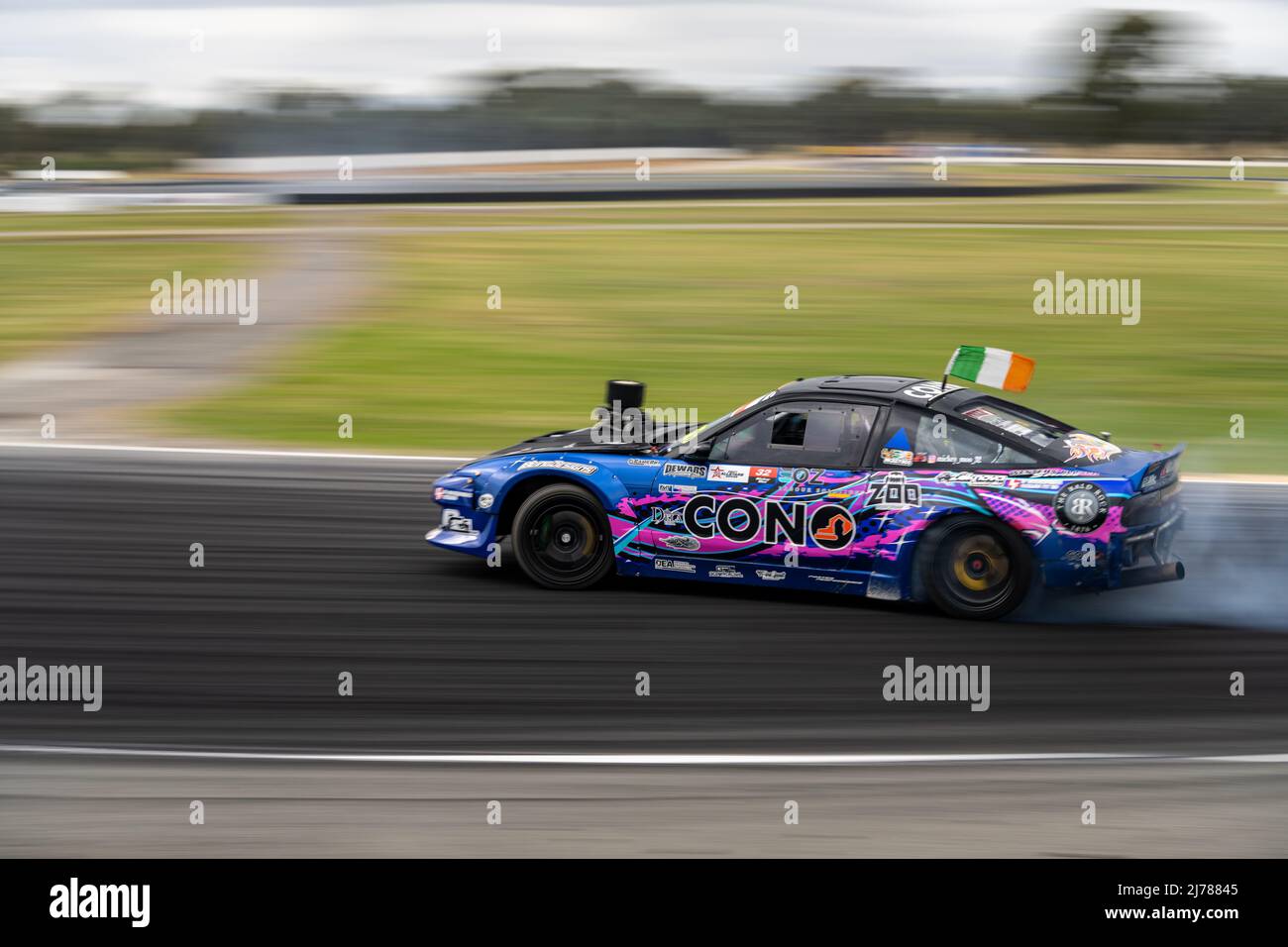 Benalla, Victoria, Australia. 7th May 2022. Mickey Moo #32 slides his V8 Powered 180SX around the final corner at Winton Motor Raceway. Credit: James Forrester/Alamy Live News Stock Photo