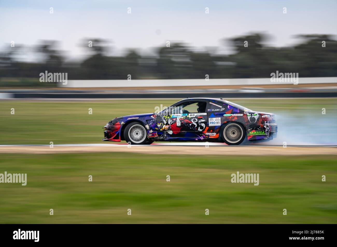 Benalla, Victoria, Australia. 7th May 2022. Flash Smith mid transition into the final corner in his Nissan Silvia S15. Credit: James Forrester/Alamy Live News Stock Photo