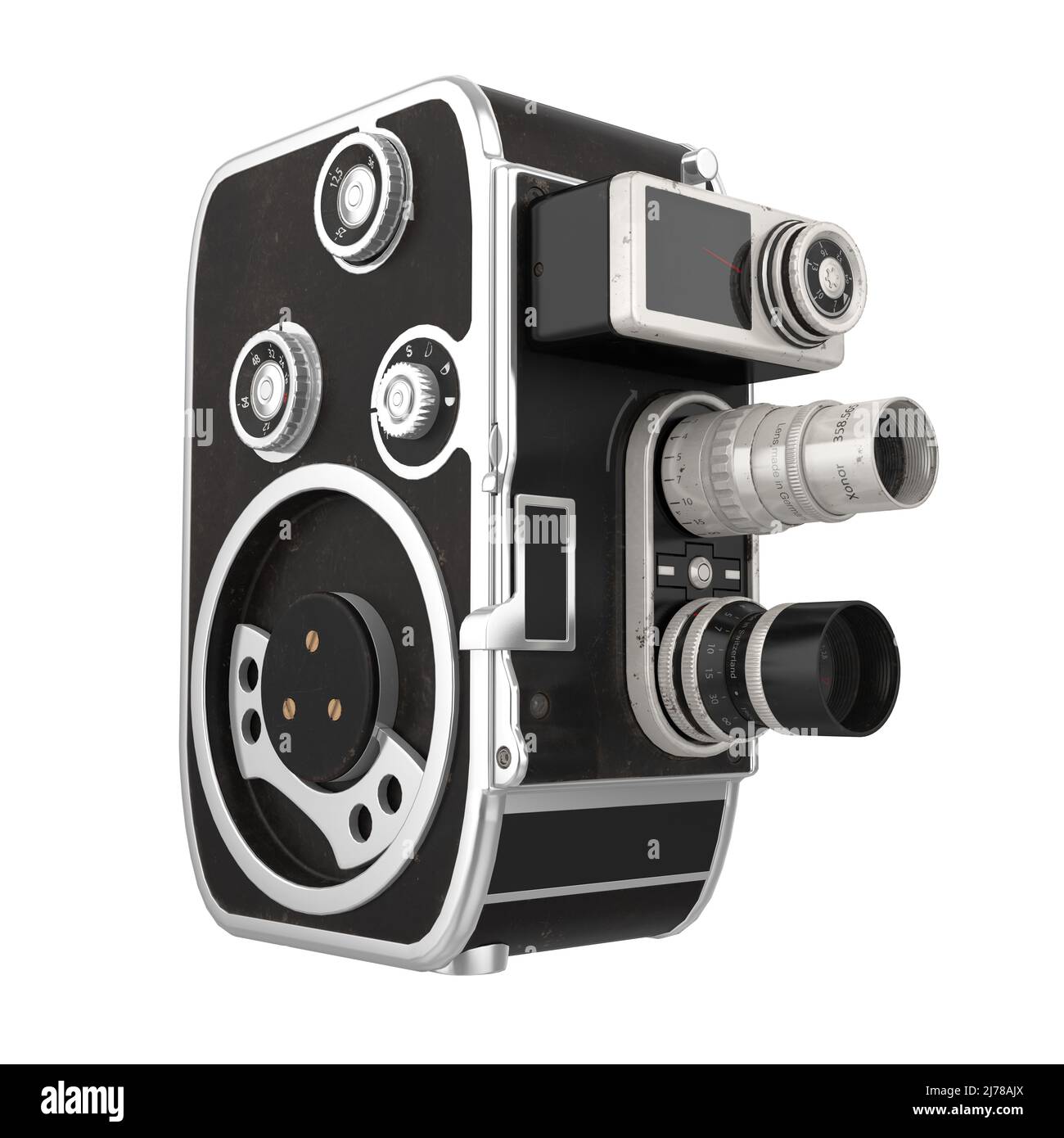 Retro black video camera with yellow film reels 3D icon Stock