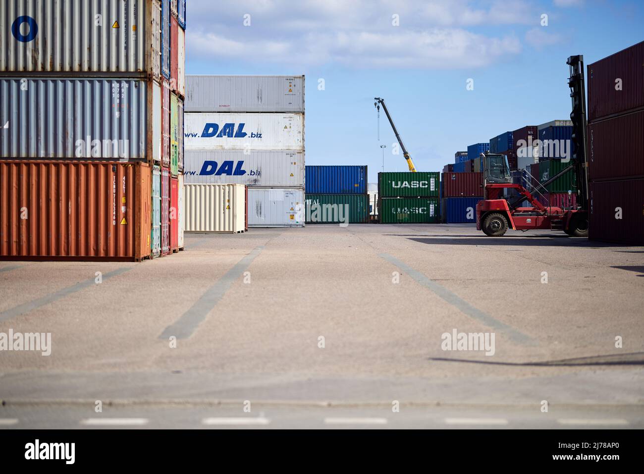 Shipping containers, stacked; Nordhavn, Copenhagen, Denmark Stock Photo