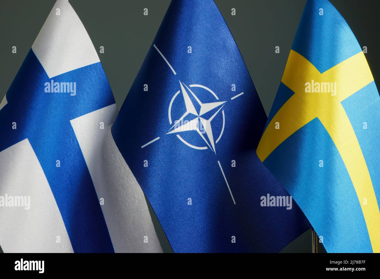 KYIV, UKRAINE - May 7, 2022. Flags of Sweden, Finland and NATO. Stock Photo