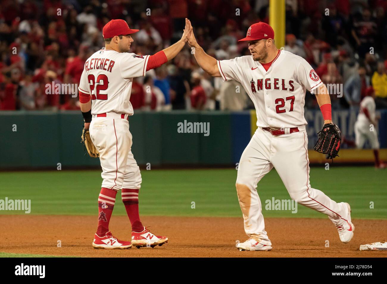 Los Angeles Angels center fielder Mike Trout (27) and shortstop David  Fletcher (22) celebrate a victory during a MLB game against the Washington  Natio Stock Photo - Alamy