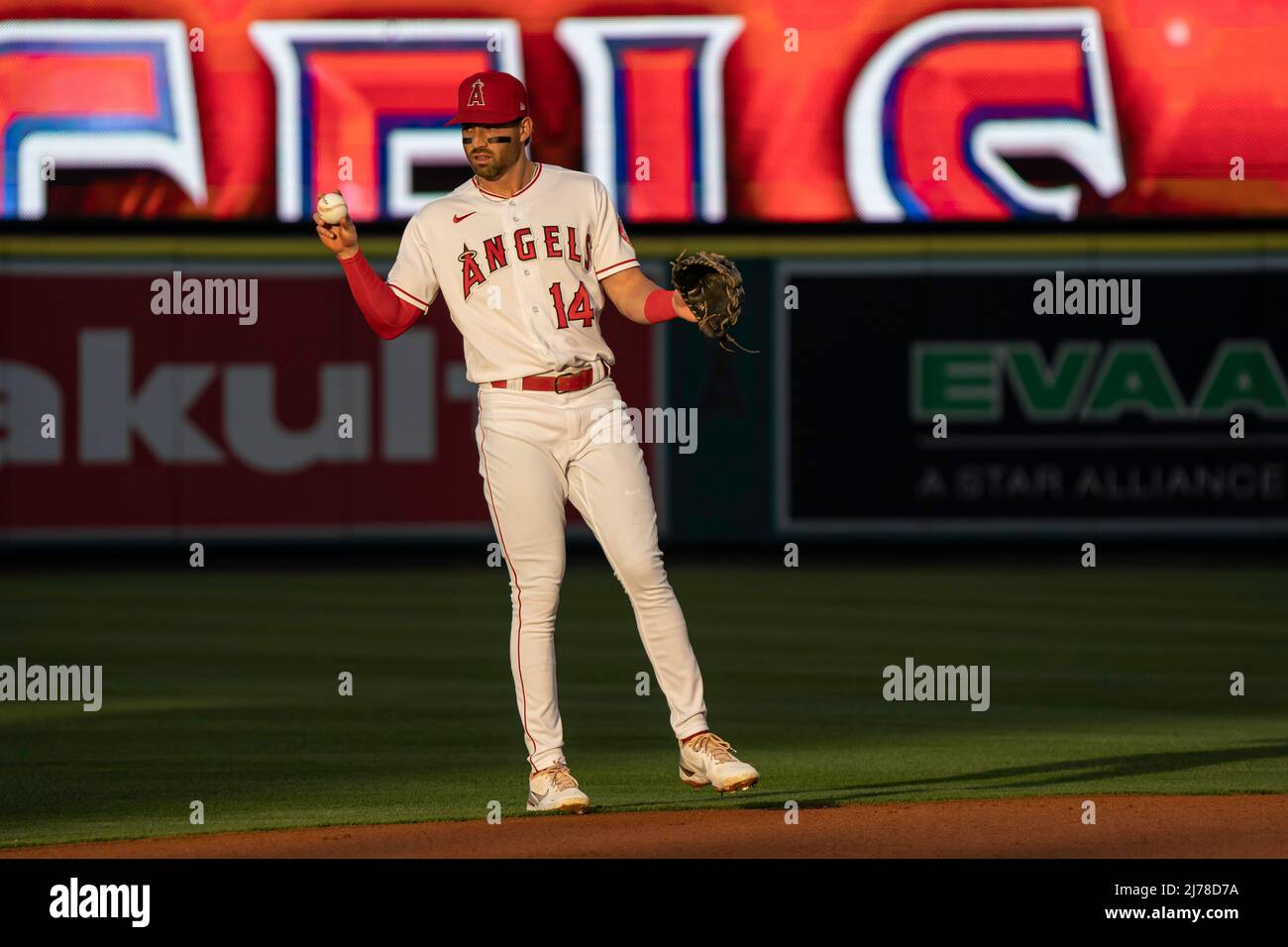 Los Angeles Angels shortstop Tyler Wade (14) during pregame of a MLB game  against the Washington Nationals, Friday, May 6, 2022, at Angel Stadium, in  Anaheim, CA. The Angels defeated the Nationals