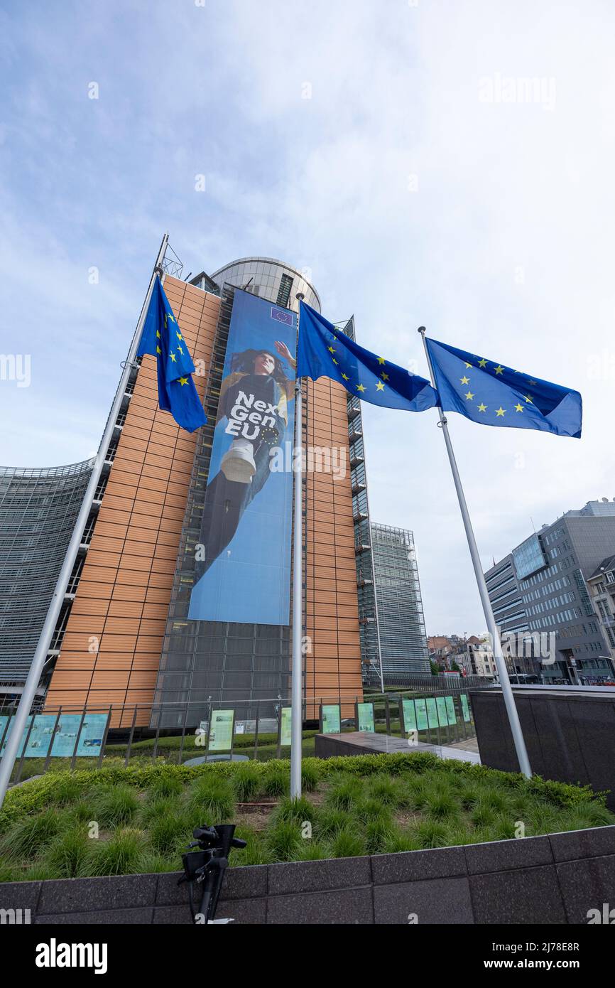 BRUSSELS, Belgium -May 7, 2022: European flags blowing in front of the seat of the European Commission Stock Photo