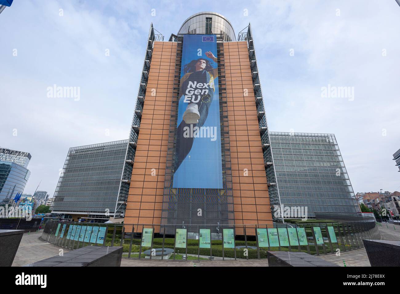 BRUSSELS, Belgium -May 7, 2022: European flags blowing in front of the seat of the European Commission Stock Photo