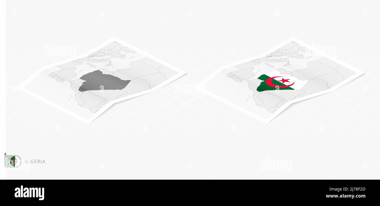 Set of two realistic map of Algeria with shadow. The flag and map of Algeria in isometric style. Vector template. Stock Vector