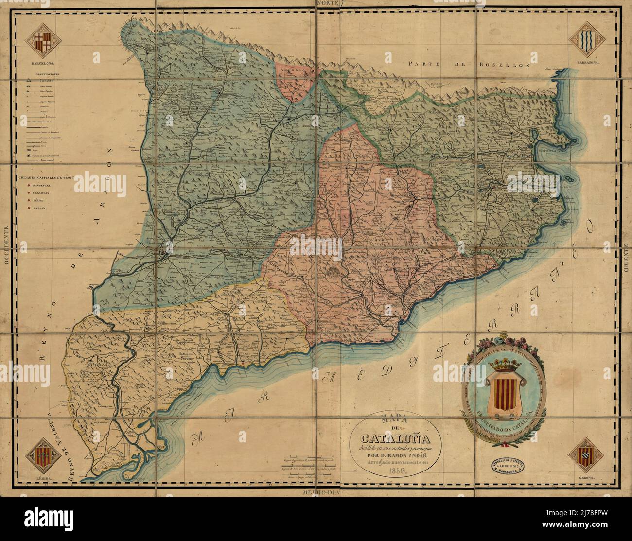 Ramon Indar - Mapa de Catalu u00f1a dividido en sus actuales provincias por D. Ramon Ynd u00e1r. Arreglado nuevamente en 1859 by Padre Martini Stock Photo