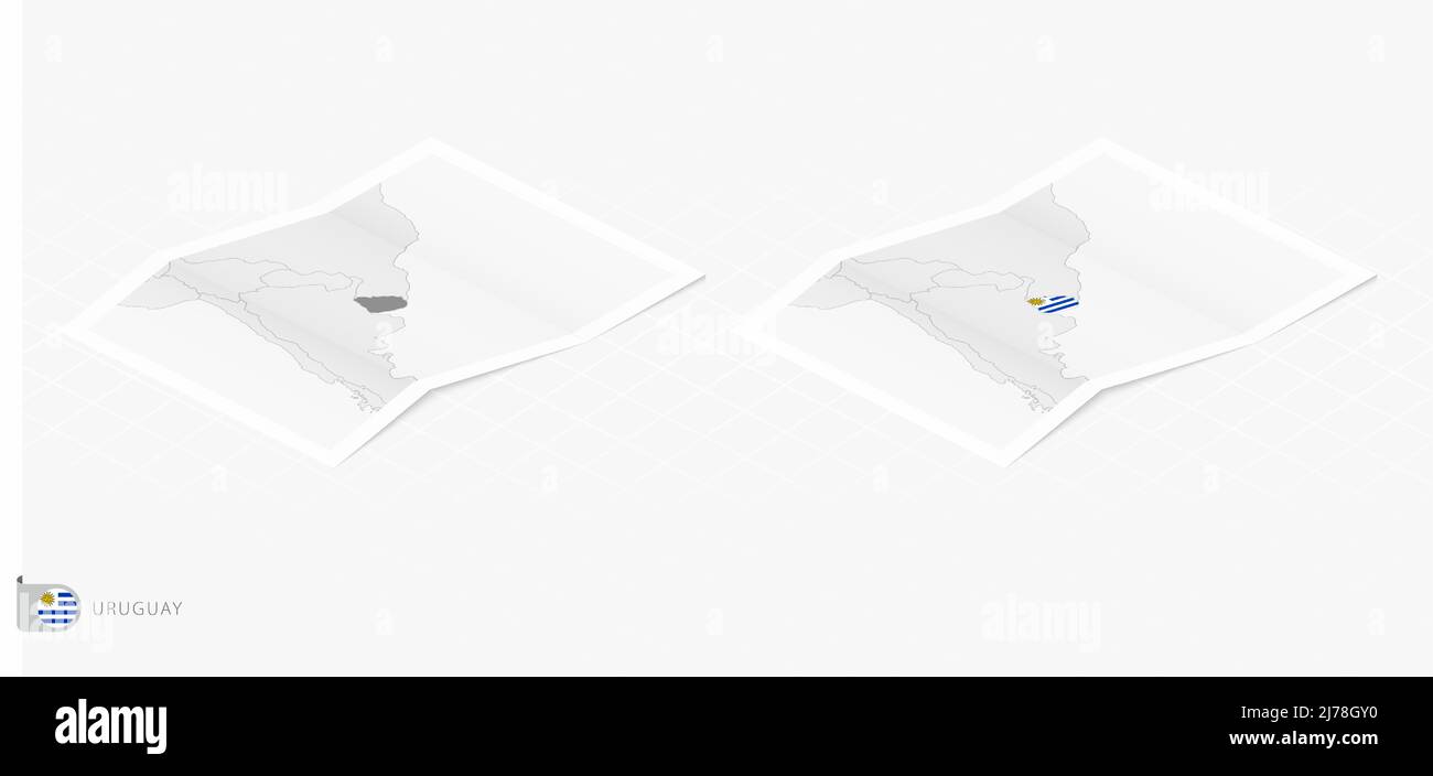 Set of two realistic map of Uruguay with shadow. The flag and map of Uruguay in isometric style. Vector template. Stock Vector