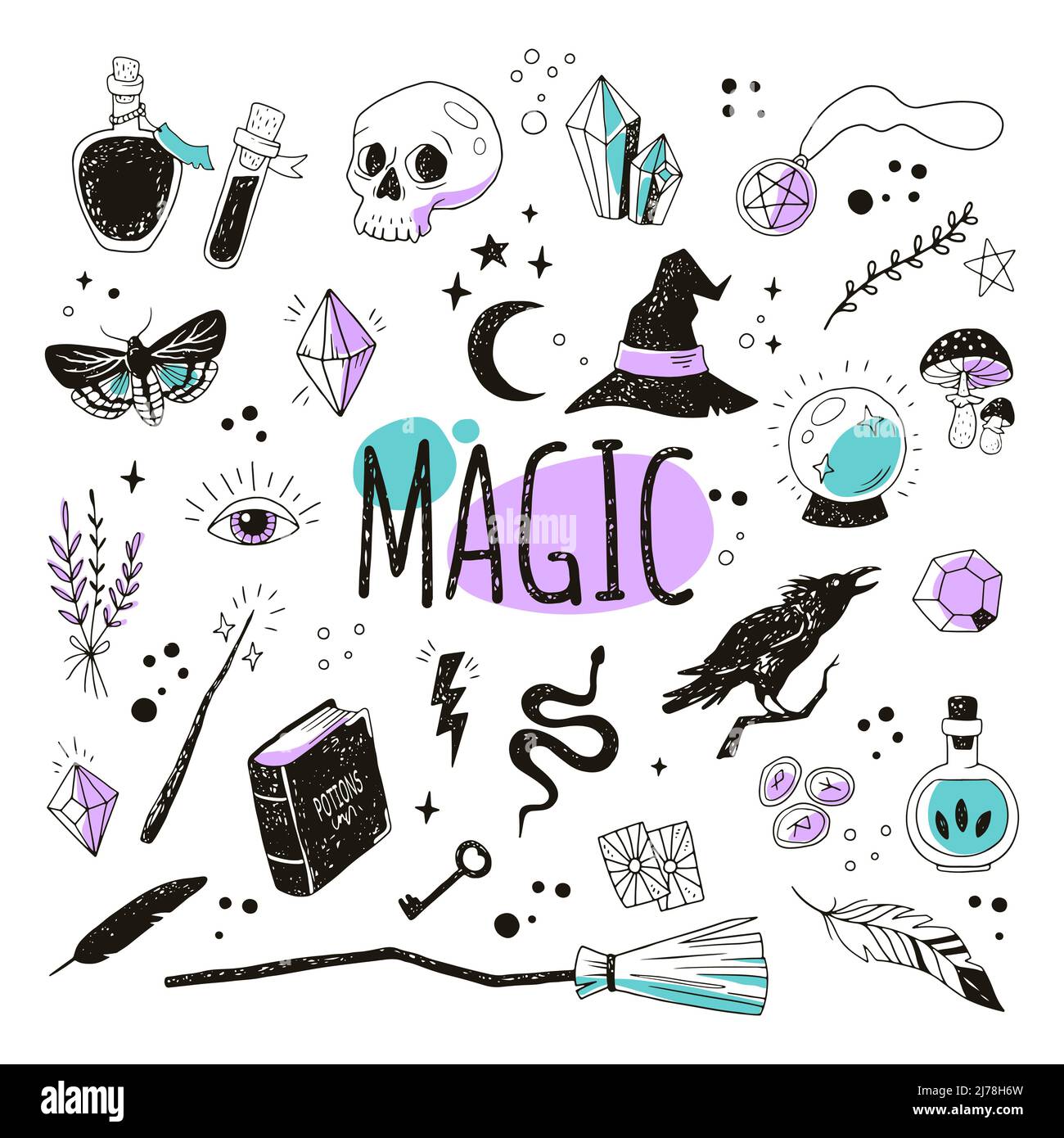 Magic hand drawn doodle set. Vector Icons collection. Witchcraft symbols: potion, crystal, skull, spell book, cauldron, raven, broom, magic wand, rune Stock Vector