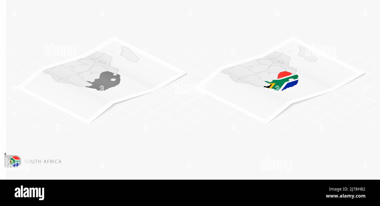 Set of two realistic map of South Africa with shadow. The flag and map of South Africa in isometric style. Vector template. Stock Vector