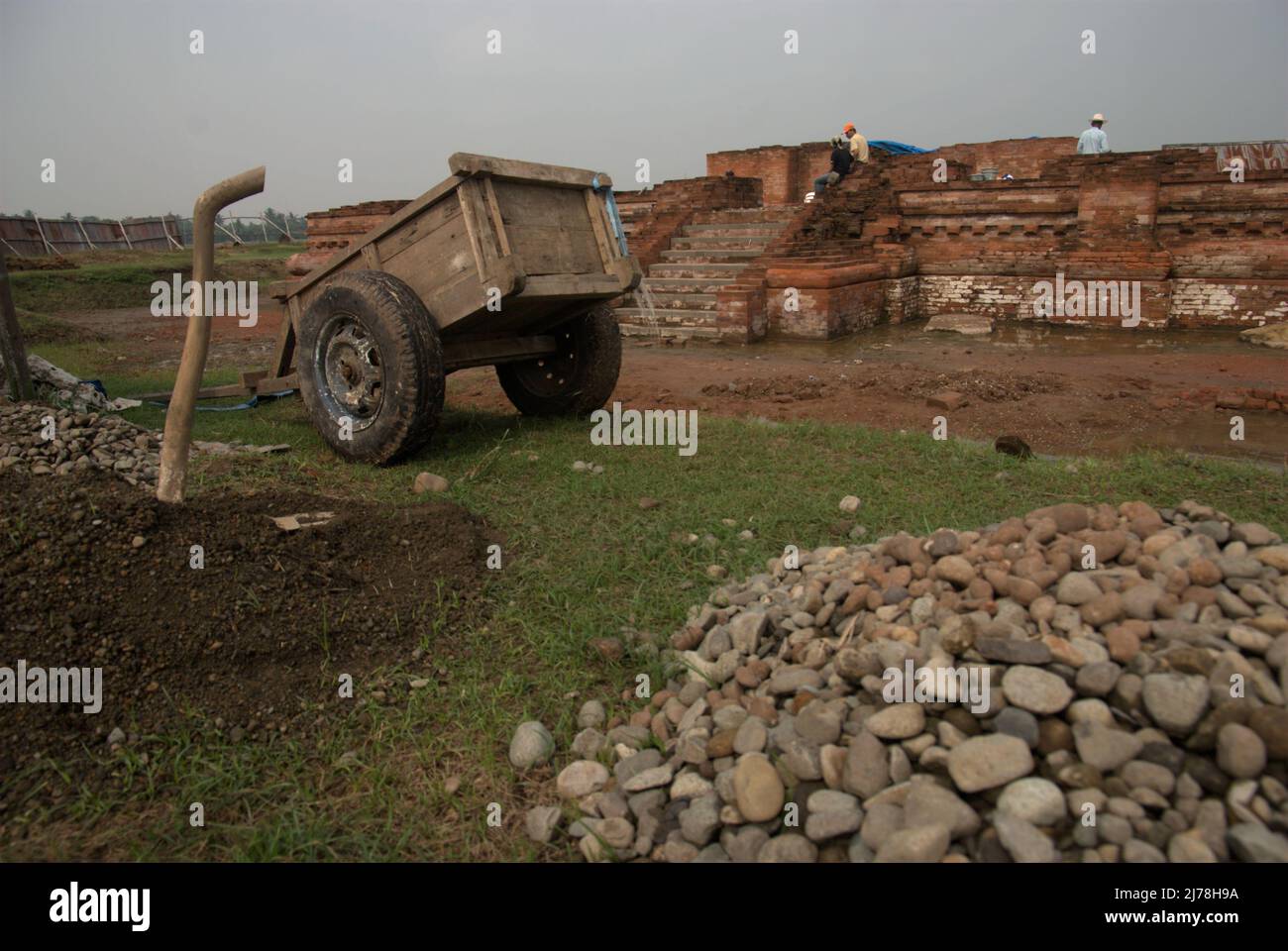 Reconstruction project site of Blandongan temple in Batujaya, Karawang, West Java, Indonesia. Stock Photo
