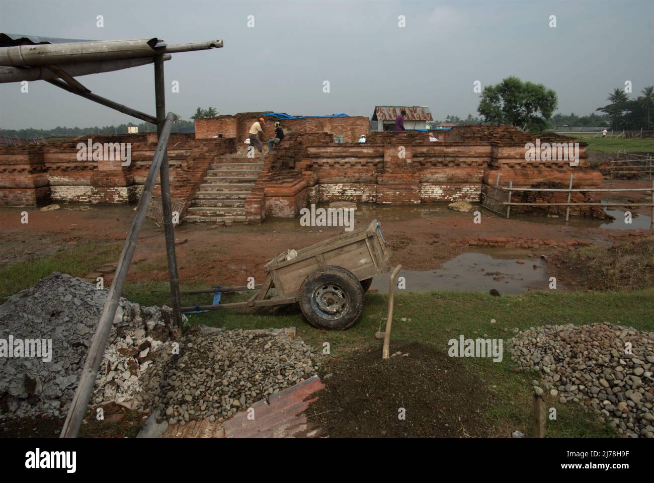 Reconstruction project site of Blandongan temple in Batujaya, Karawang, West Java, Indonesia. Stock Photo