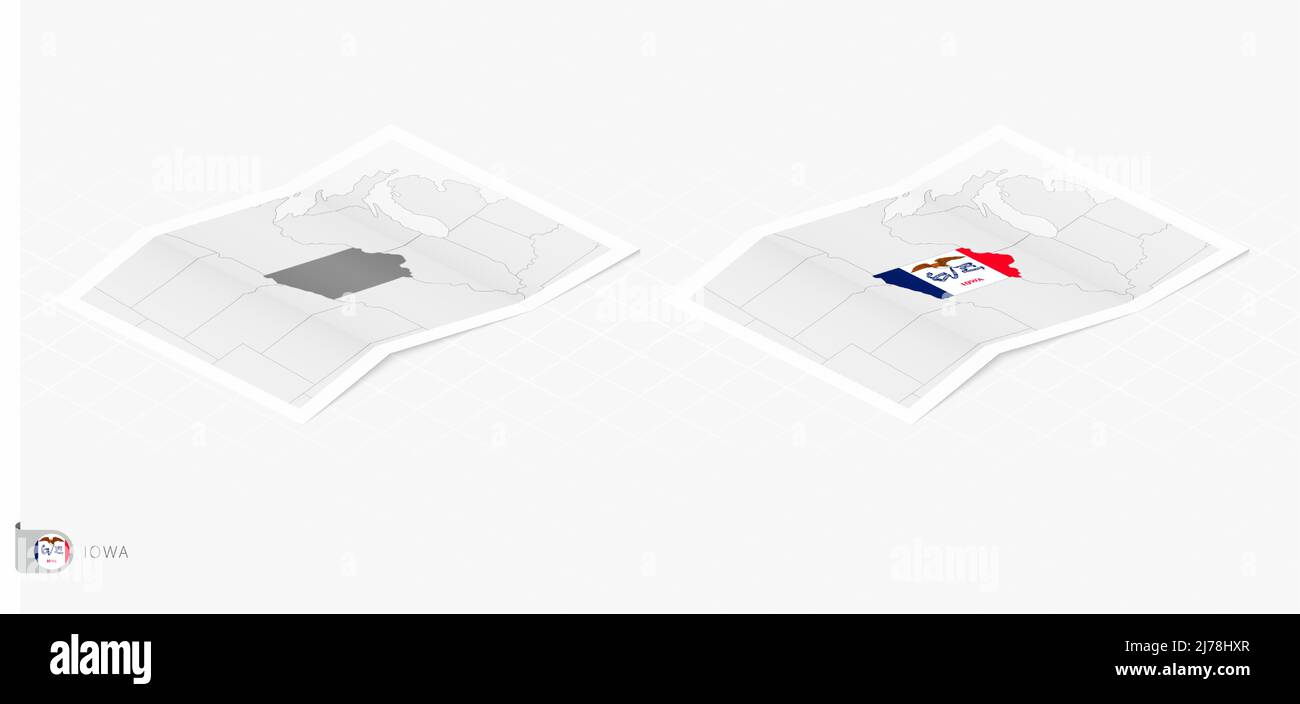 Set of two realistic map of Iowa with shadow. The flag and map of Iowa ...