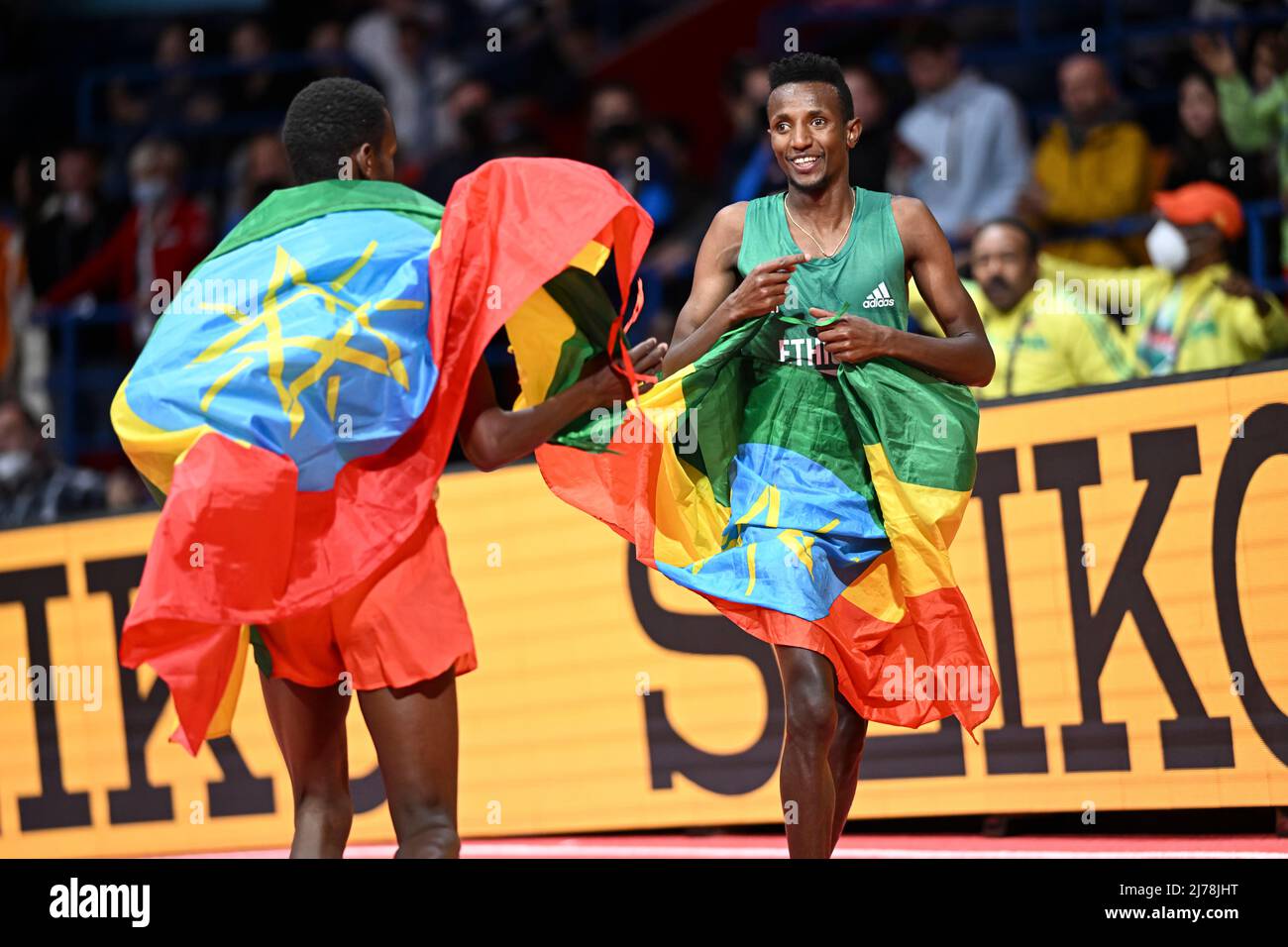 Selemon Barega with the Ethiopia flag at the Belgrade 2022 Indoor World Championships. Stock Photo