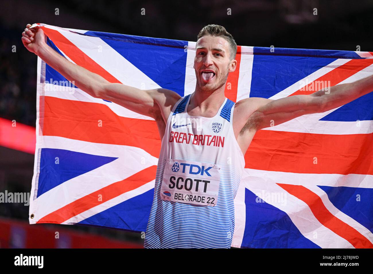 Marc Scott with the Ethiopia flag at the Belgrade 2022 Indoor World Championships. Stock Photo