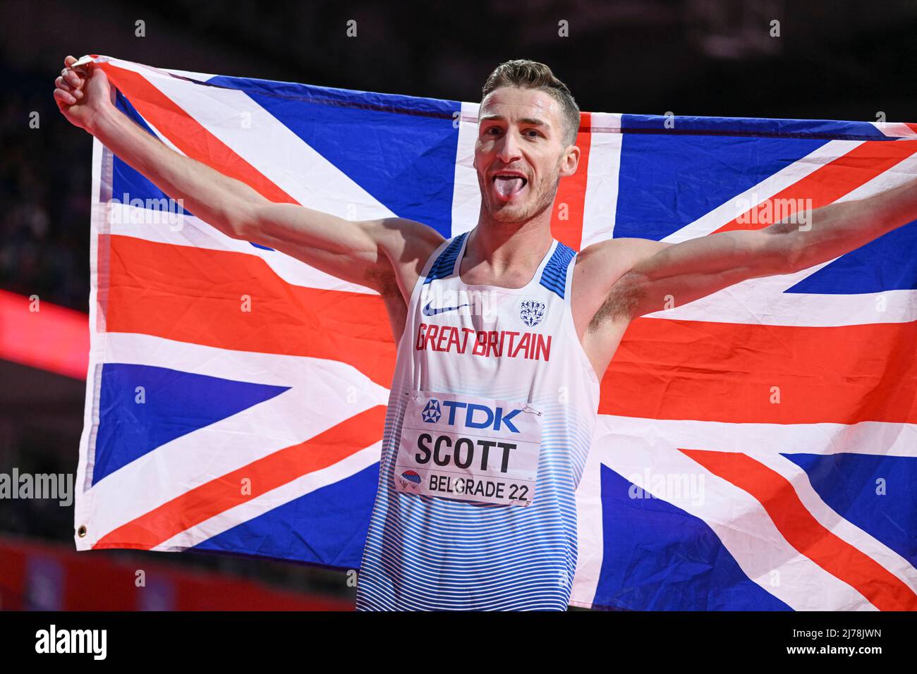 Marc Scott with the Ethiopia flag at the Belgrade 2022 Indoor World Championships. Stock Photo