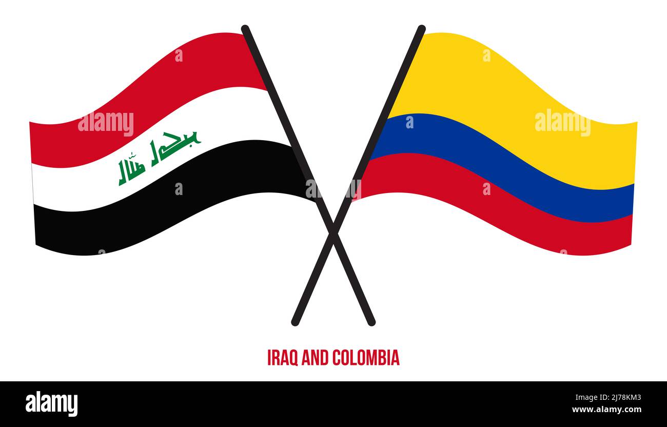 Iraq and Colombia Flags Crossed And Waving Flat Style. Official Proportion. Correct Colors. Stock Photo