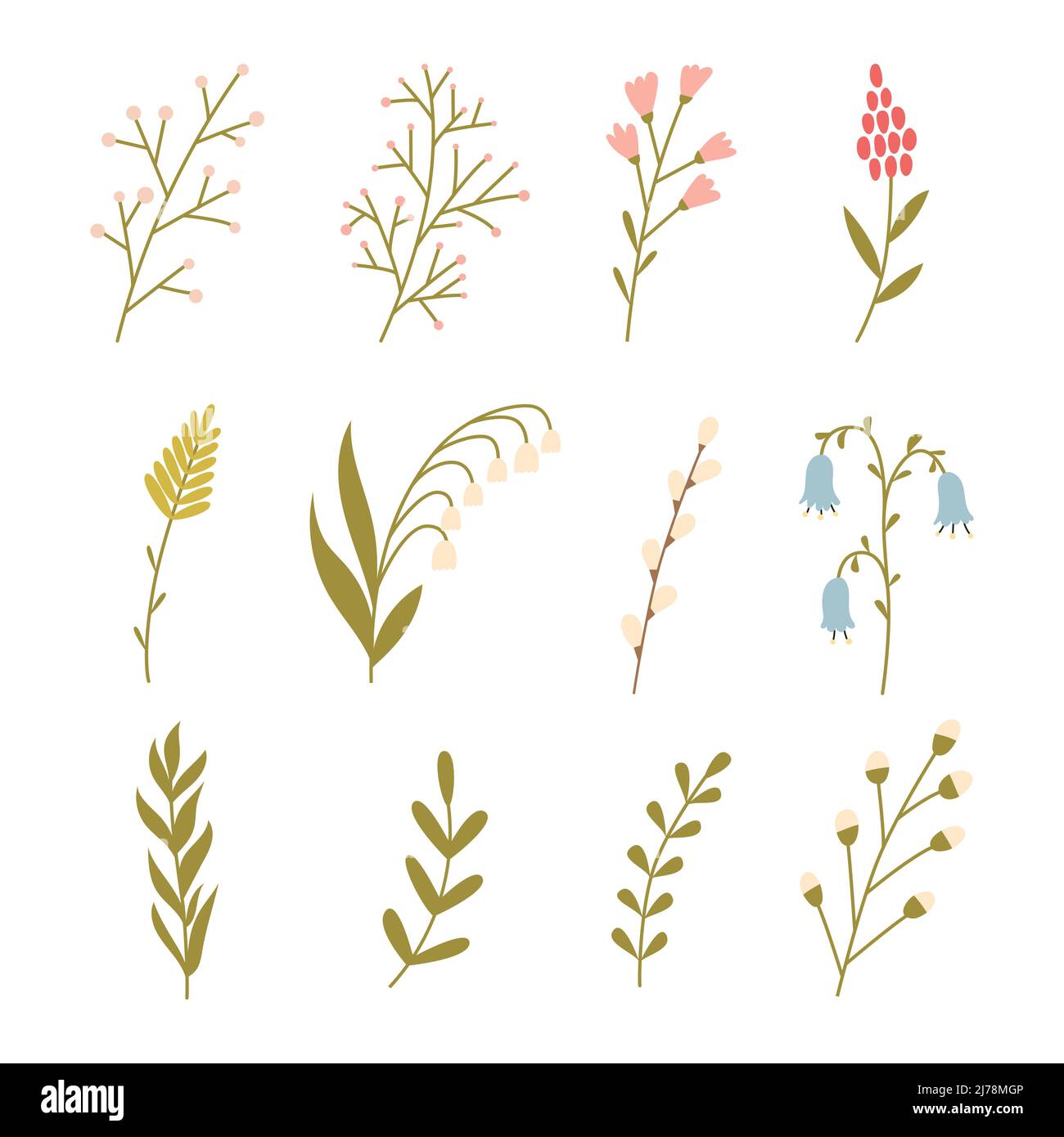 A set of simple twigs, spring flowers, herbs. Lily of the valley, willow, bell. Minimalistic flat hand drawn botanical decorative elements. Color vect Stock Vector