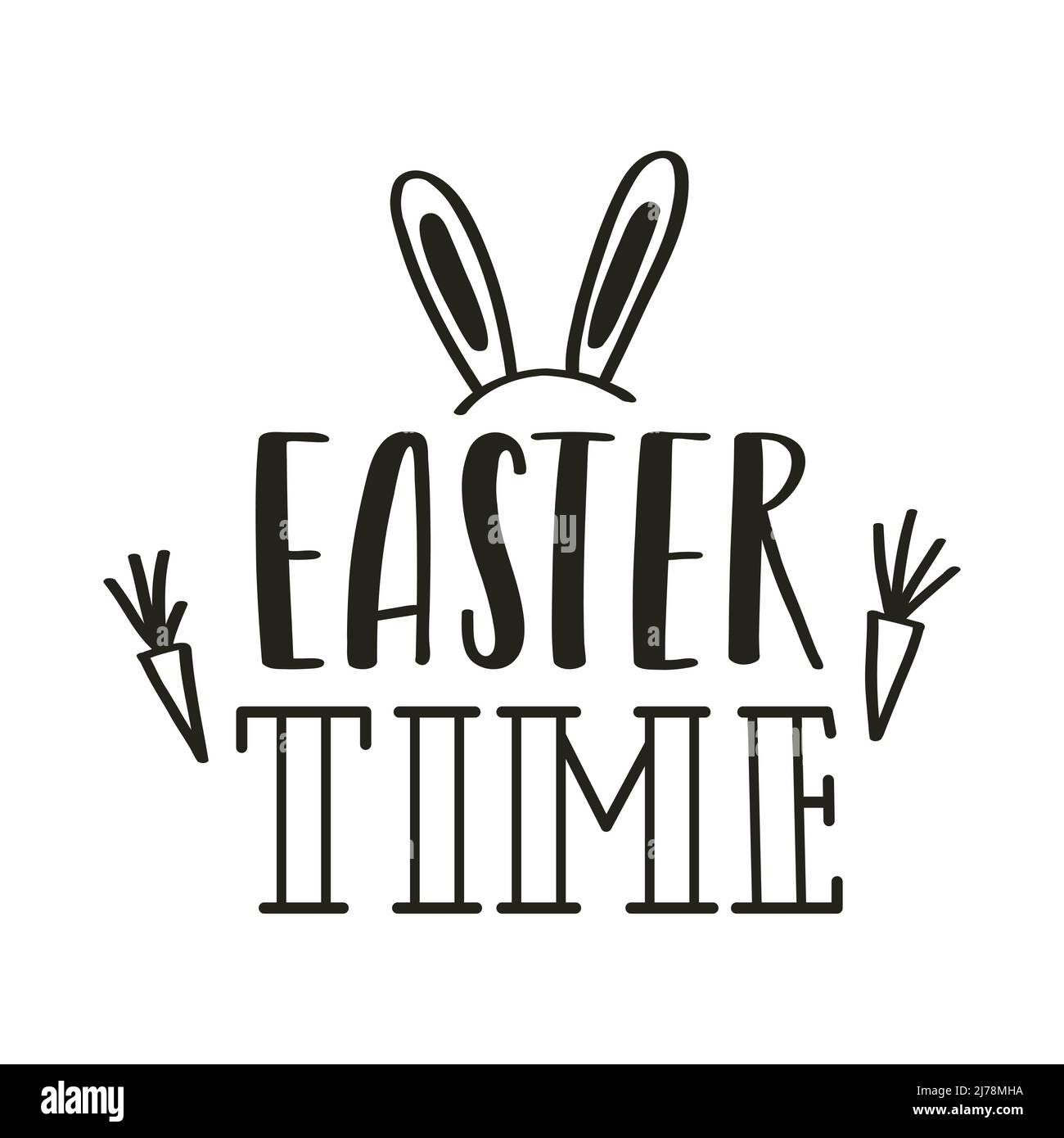 Easter time. Hand lettering with doodle carrots and bunny ears