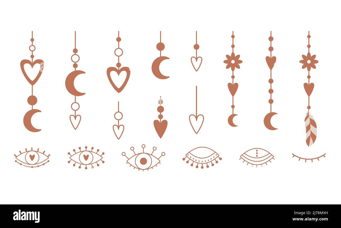 A set of hanging boho elements with hearts, a crescent moon, flowers. Open, closed eyes, . Outline decorative elements. Vector illustrations isolated Stock Vector
