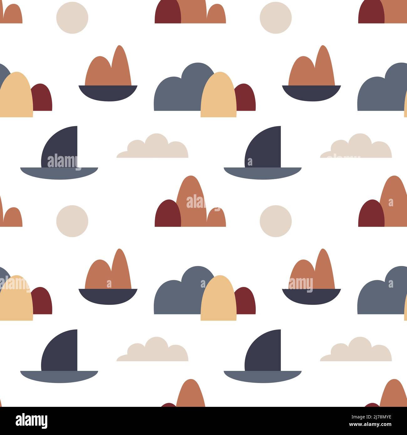 Vector Seamless pattern with abstract shapes, mountains, lake, sun, cloud. Abstract natural landscape. For wrapping paper, scrapbooking, fabric, wallp Stock Vector