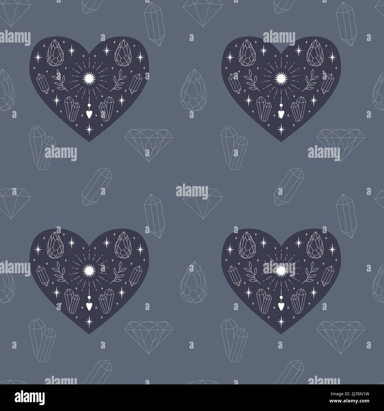 Vector seamless pattern with creative hearts with outline crystals, herbs, sun, stars. Mystical elements on a blue background. For wrapping paper, scr Stock Vector