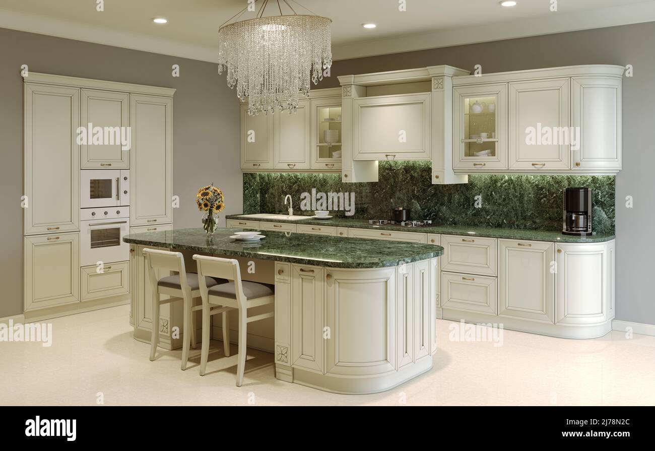 Pastel kitchen with island and chandelier. 3D rendering Stock Photo Alamy