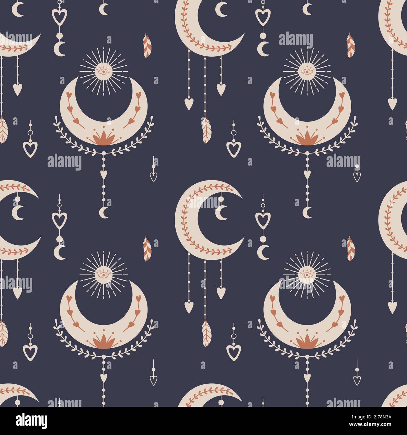 Vector seamless pattern with mystical celestial elements, crescent moon, dreamcatcher, sun, hanging feathers. Backdrop for wrapping paper, scrapbookin Stock Vector