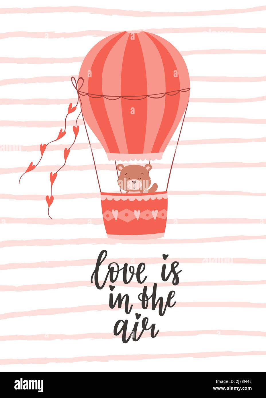 A Valentine's day card with a cute bear flying in a balloon and a handwritten phrase - Love is in the air. A symbol of love, romance. Color flat vecto Stock Vector