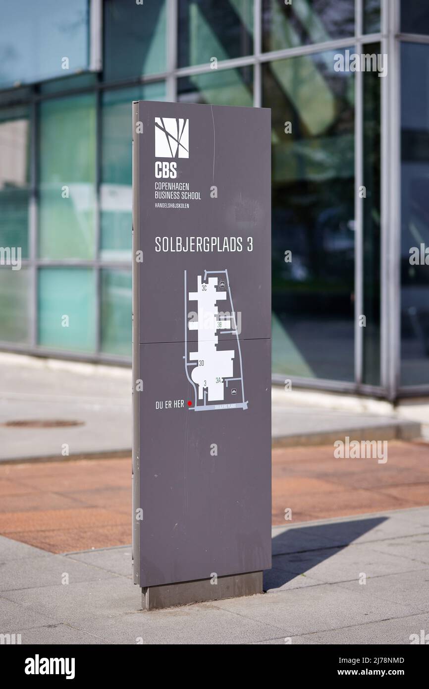 CBS, Copenhagen Business School (Handelshøjskolen), sign post with map; Solbjerg Plads 3, Frederiksberg, Denmark Stock Photo