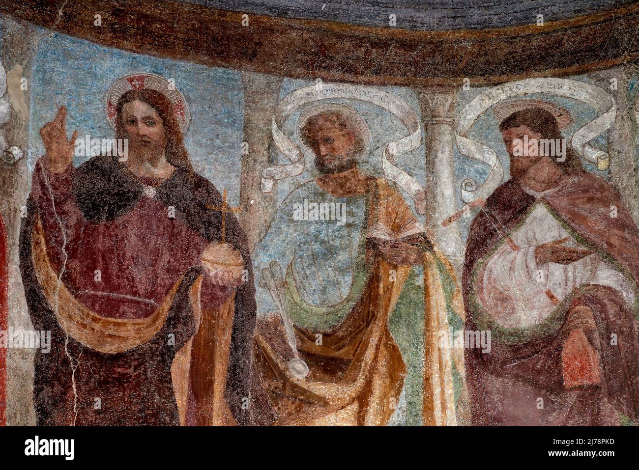 Cristo benedicente e due apostoli   - affresco - Andrea De Passeris  - XVI secolo  - Grosio (So),italia, chiesa di San Giorgio Stock Photo
