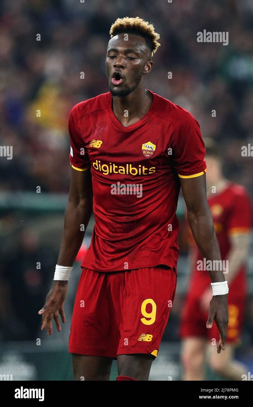 Tammy Abraham of Roma reacts during the UEFA Conference League, Semi-finals, 2nd leg football match between AS Roma and Leicester City on May 5, 2022 at Stadio Olimpico in Rome, Italy - Photo Federico Proietti / DPPI Stock Photo
