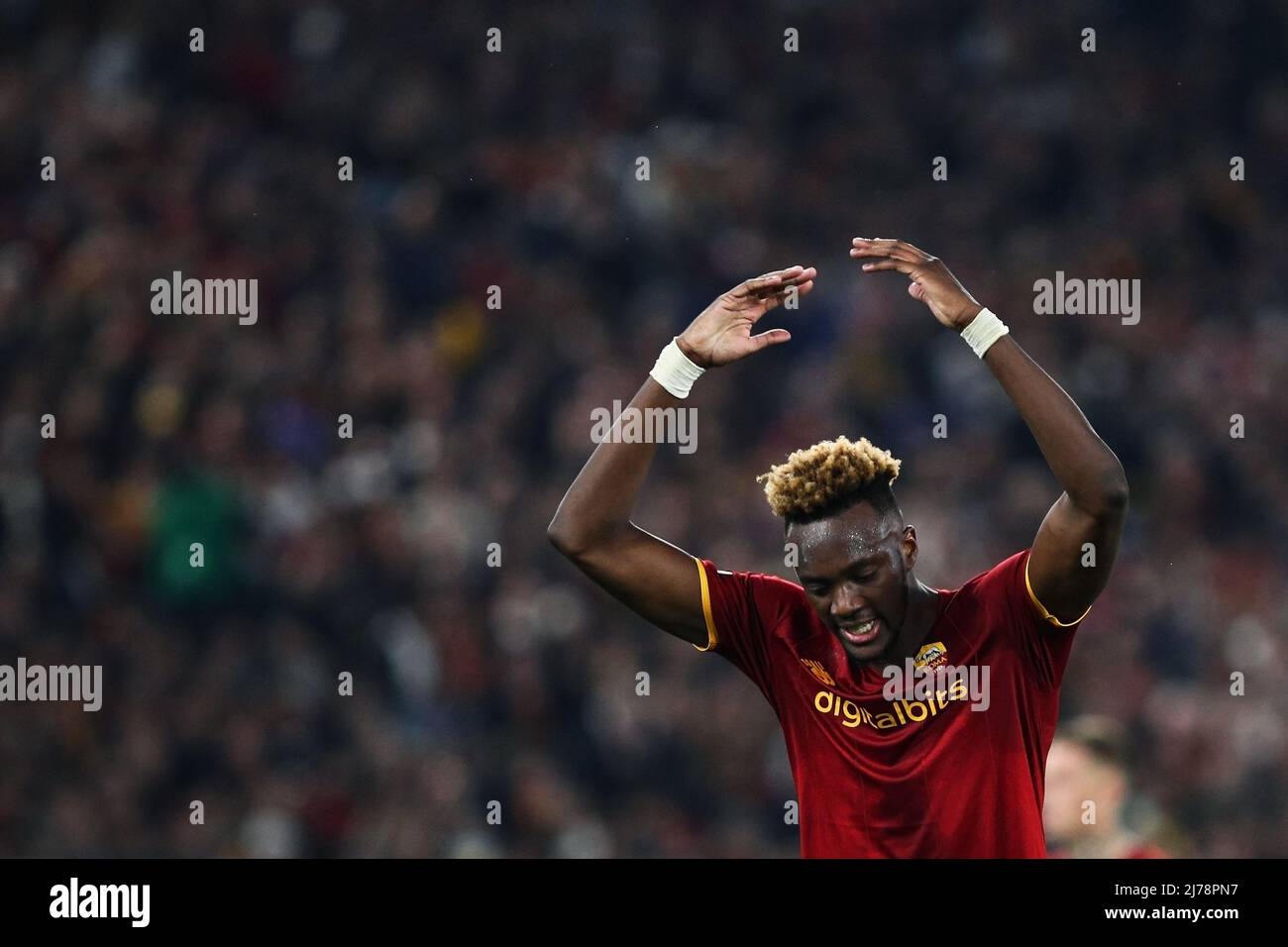 Tammy Abraham of Roma reacts during the UEFA Conference League, Semi-finals, 2nd leg football match between AS Roma and Leicester City on May 5, 2022 at Stadio Olimpico in Rome, Italy - Photo Federico Proietti / DPPI Stock Photo