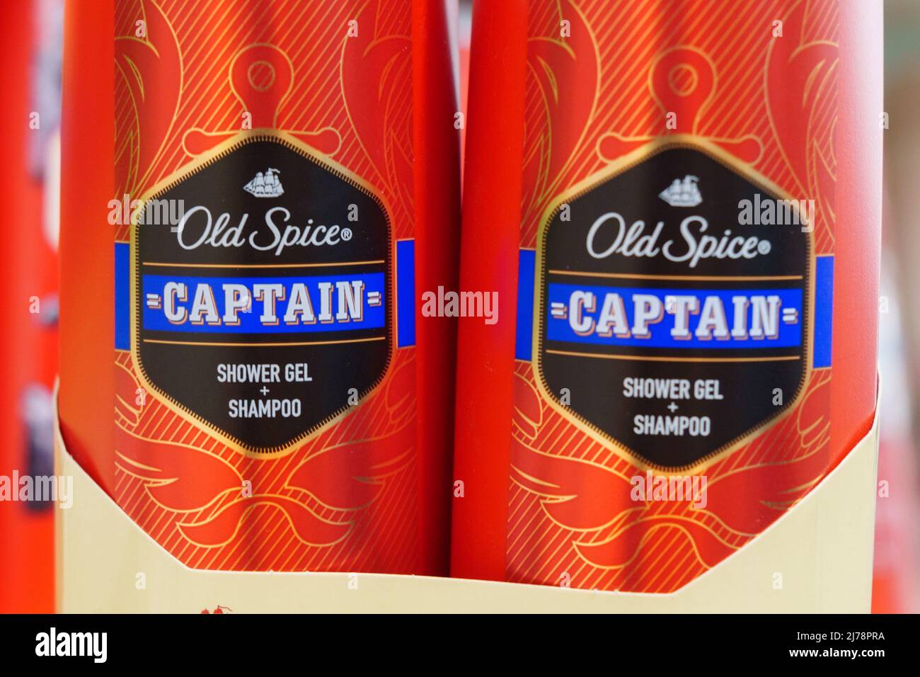 Tyumen, Russia-May 03, 2022: Old Spice is an American brand of male grooming products. Selective focus Stock Photo