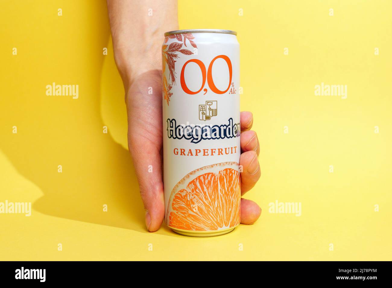 Tyumen, RussiaApril 13, 2022 Beer Nonalcoholic Hoegaarden aluminum