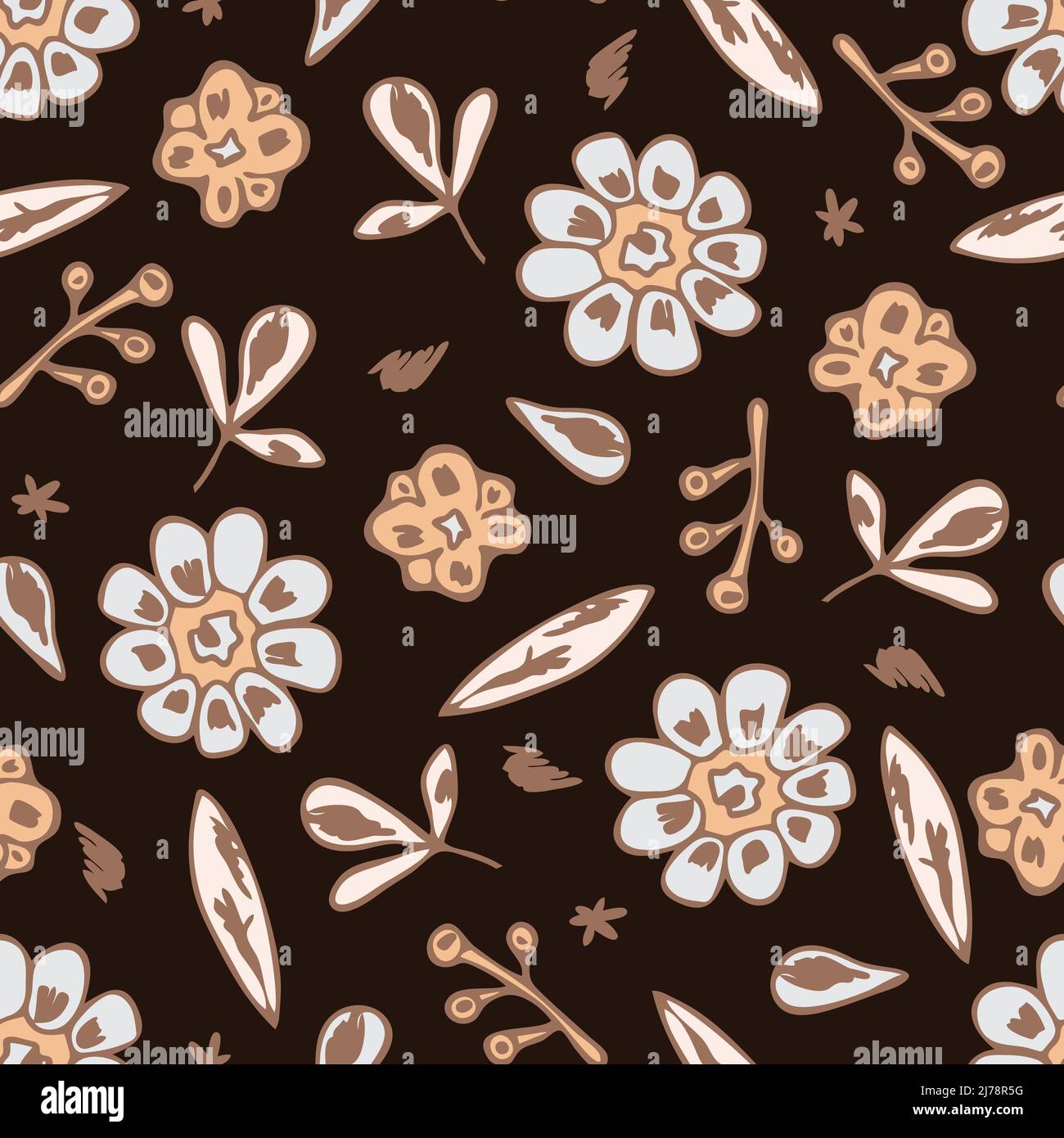 Seamless vector pattern with vintage floral bloom on black background. Hand drawn flower sketch wallpaper design. Decorative romantic fashion textile. Stock Vector