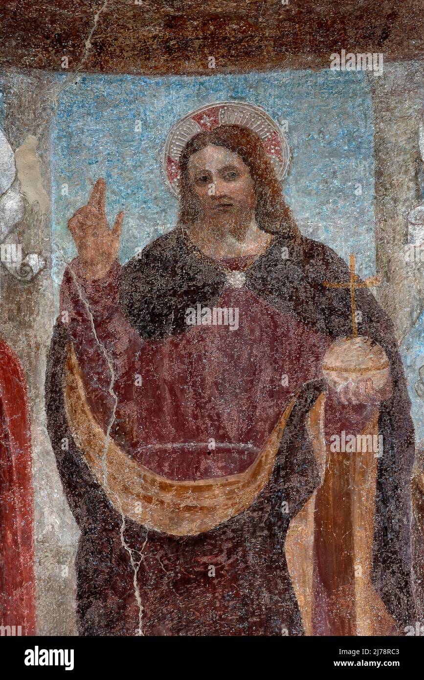 Cristo benedicente - affresco .- Andrea De Passeris  - XVI secolo  - Grosio (So),italia, chiesa di San Giorgio Stock Photo