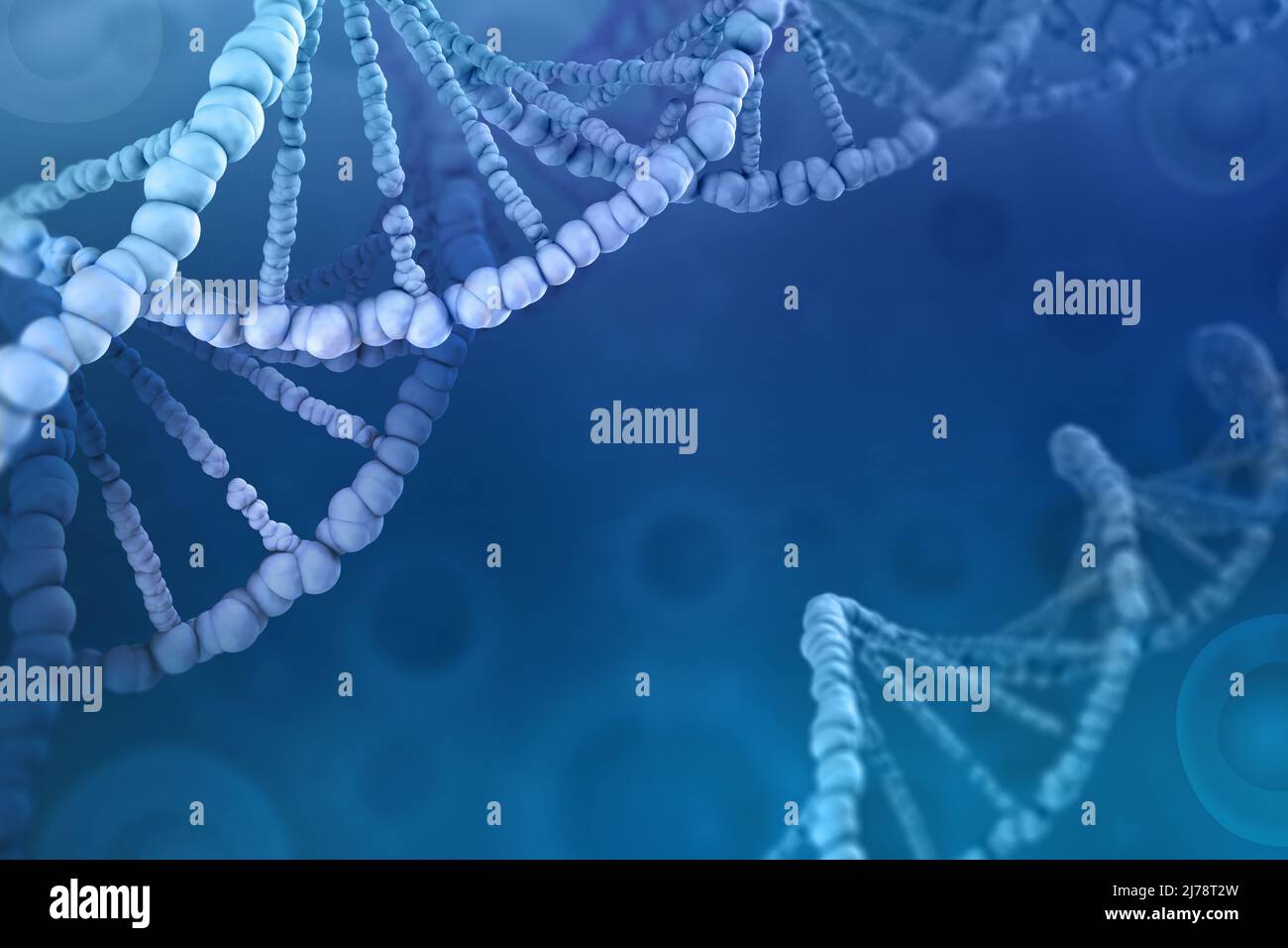 3D illustration of a DNA molecule. Investigation of cellular structure. Modern digital concept on a blue background Stock Photo