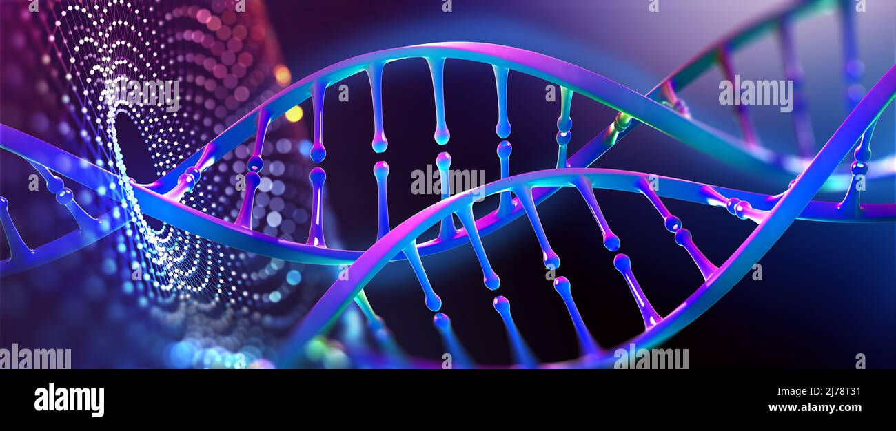 DNA helix 3D illustration. Mutations under microscope. Decoding genome. Virtual modeling of chemical processes. Hi-tech in medicine Stock Photo