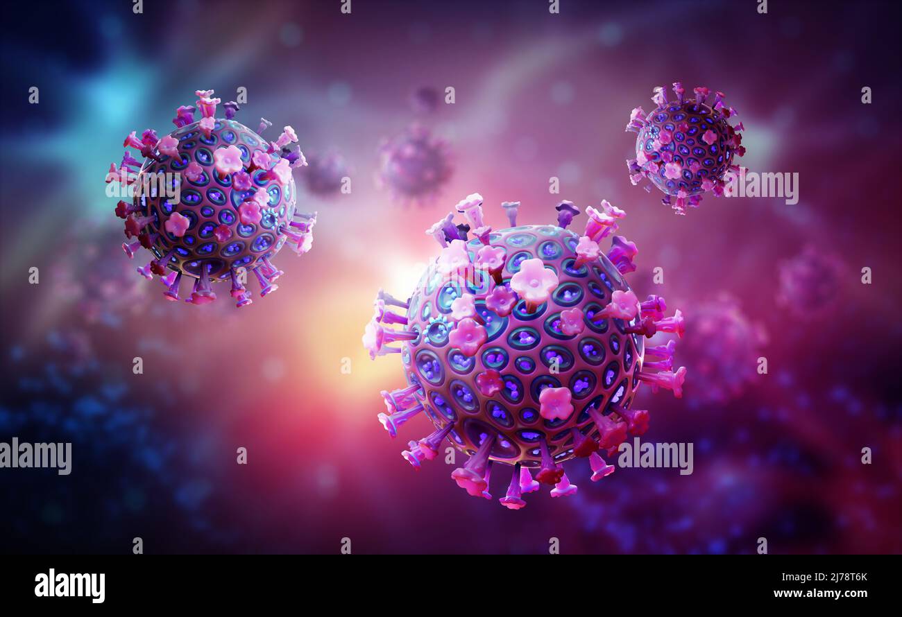 Viral infections. Microorganisms under microscope. Viruses and microbes in human body. Abstract, colorful 3D illustration Stock Photo