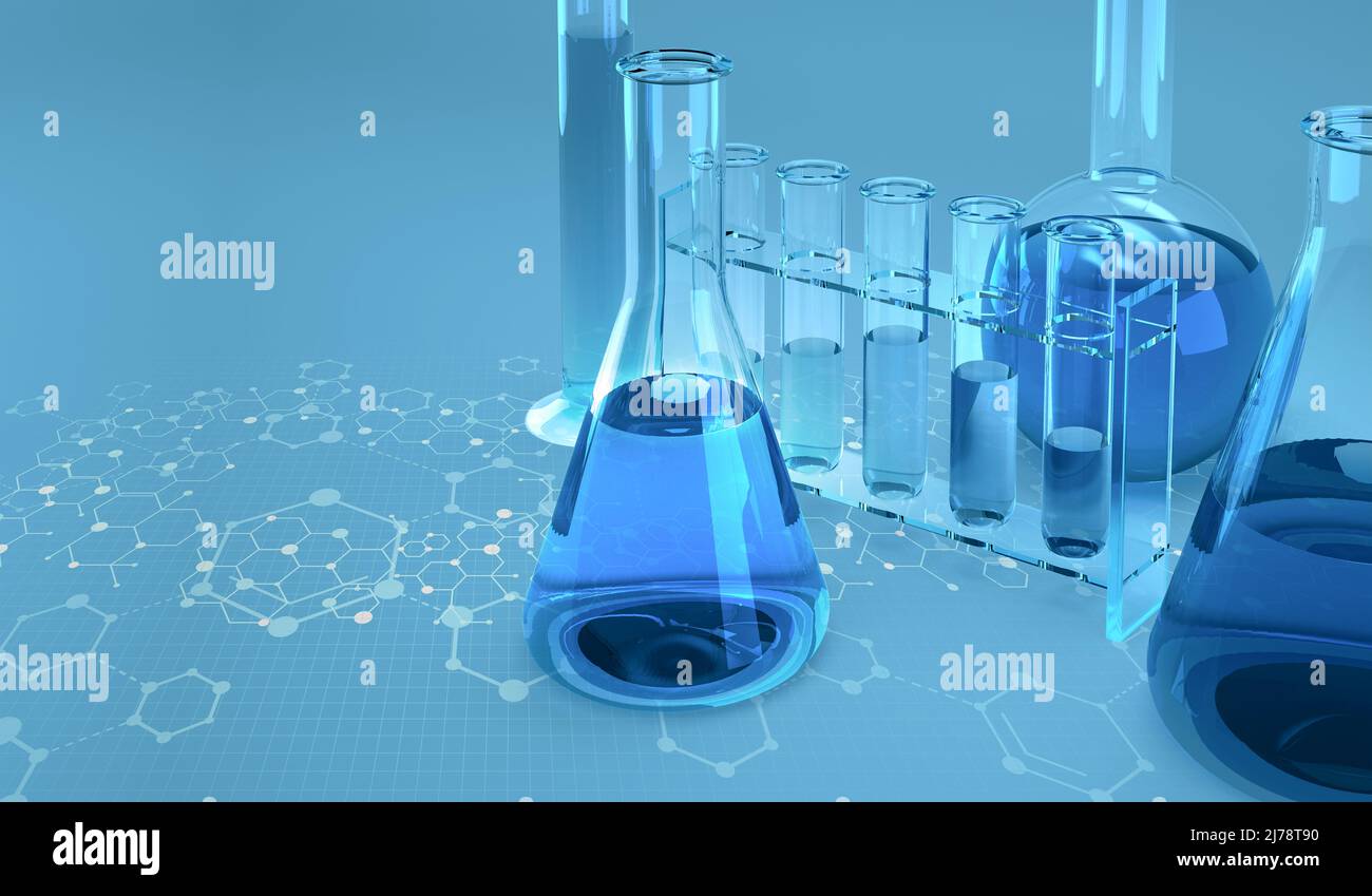 Medical research. Microbiology. Study of the chemical structure of cells. 3D illustration of laboratory tubes and flasks Stock Photo