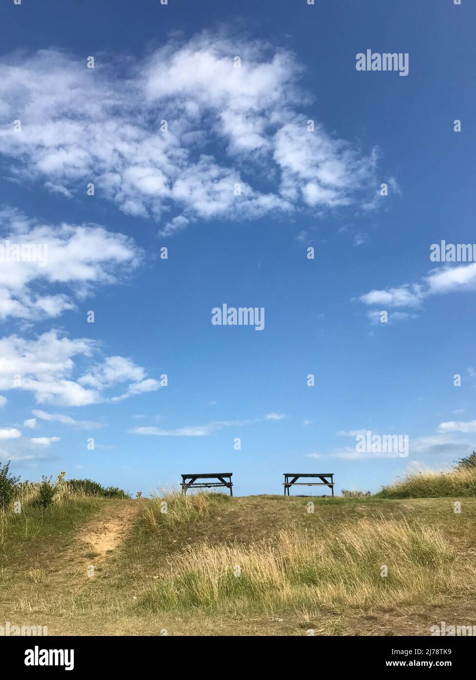 sand dunes and picnic tables sizewell suffolk england Stock Photo
