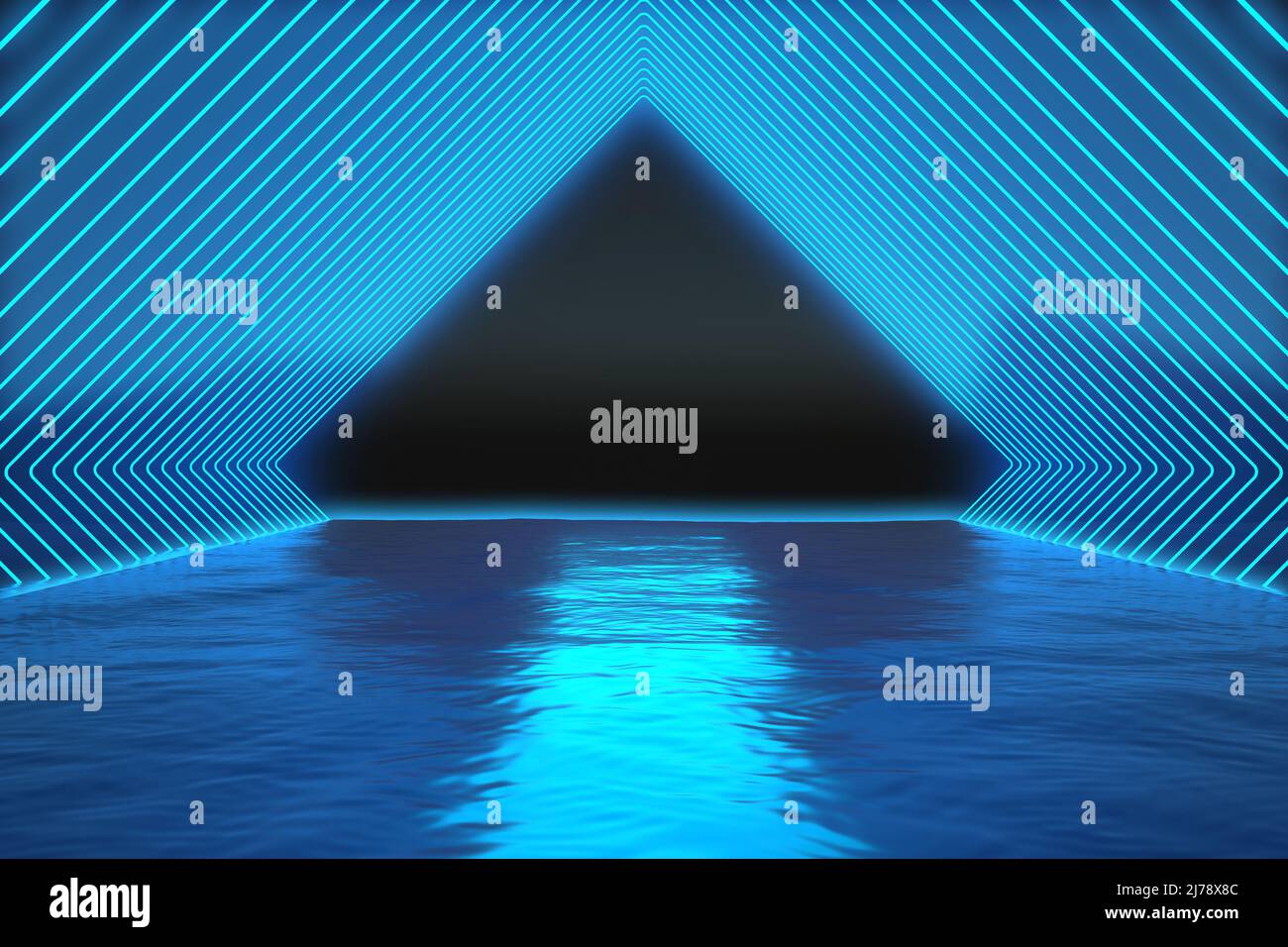 corridor of blue neon lines over the water. 3d rendering Stock Photo ...