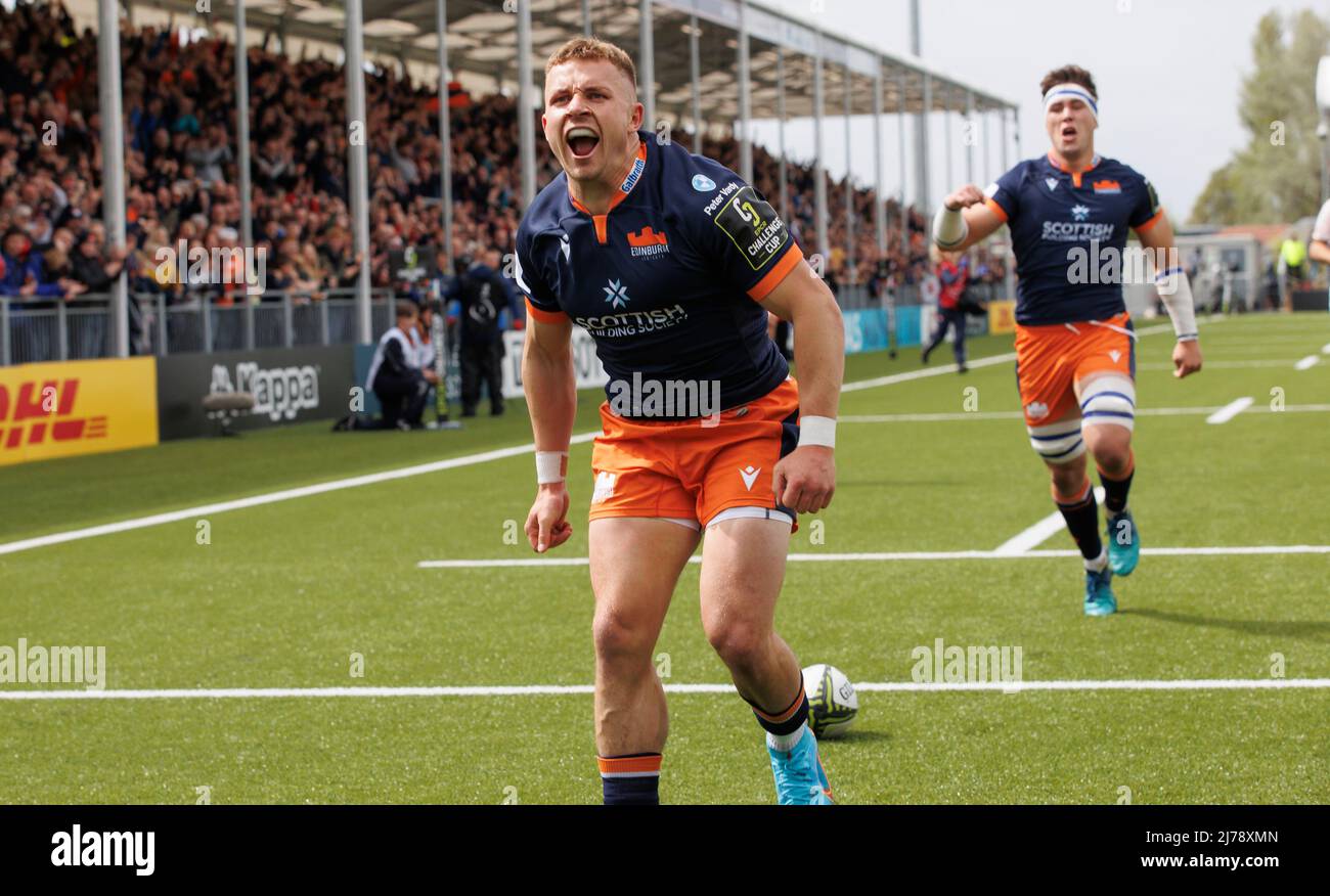 Edinburgh's Ben Vellacott celebrates scoring a try during the EPCR