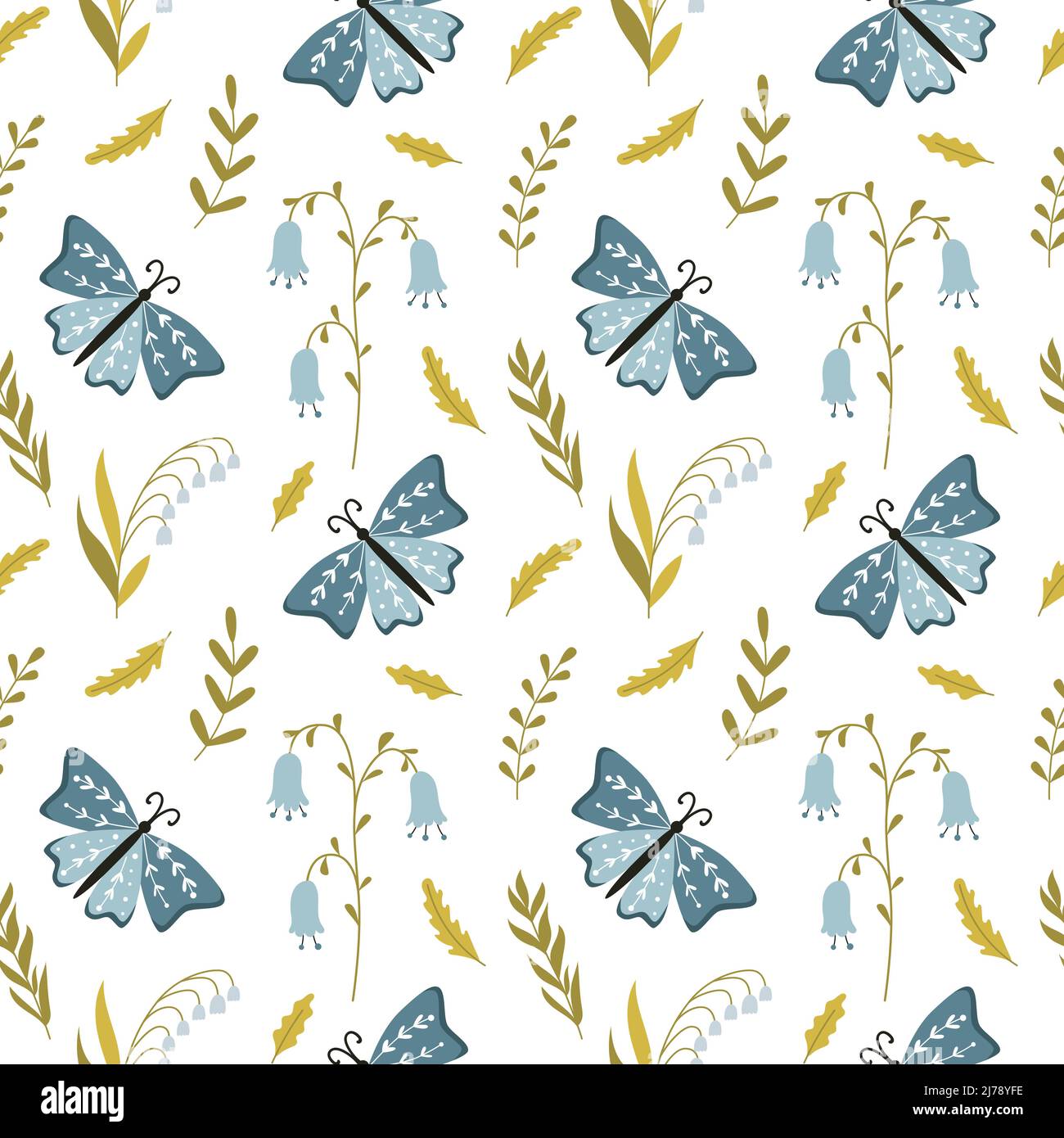 Seamless pattern with hand-drawn cute blue butterflies, spring flowers, lily of the valley, bluebell, herbs and twigs. For wrapping paper, scrapbookin Stock Vector